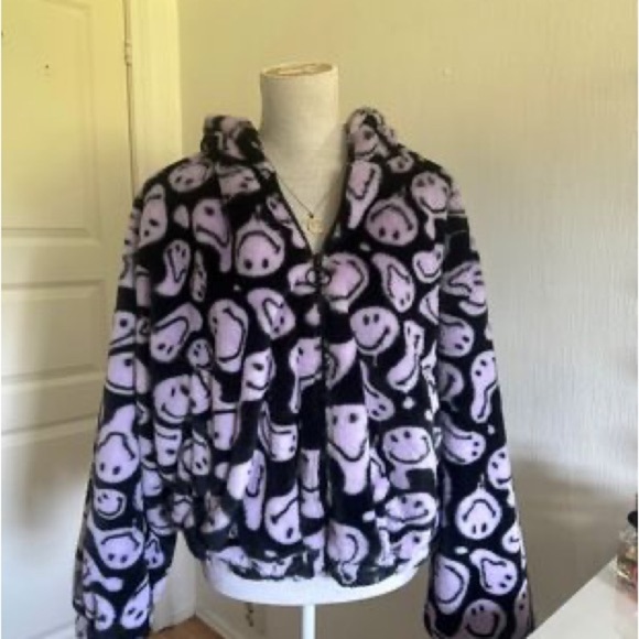 SMILEY x H&M Smiley Face Patterned jacket w Hoodie black and lilac size small - Picture 2 of 6